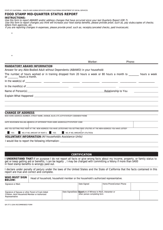 Fillable Form Qr 377.5 - Food Stamp Mid - Quarter Status Report Printable pdf