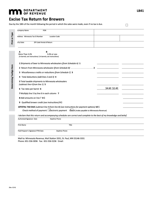 Fillable Form Lb41 - Excise Tax Return For Brewers Printable pdf
