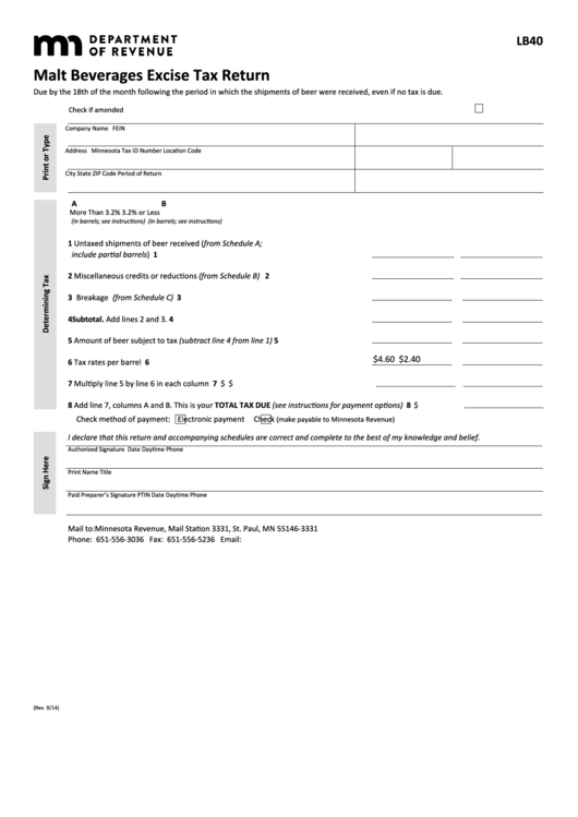 Fillable Form Lb40 - Malt Beverages Excise Tax Return Printable pdf