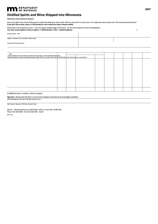 Fillable Form Lb37 - Distilled Spirits And Wine Shipped Into Minnesota Printable pdf