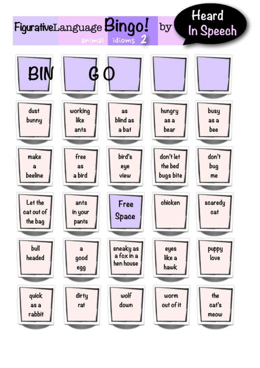 Animal Idiom Bingo Template Printable pdf