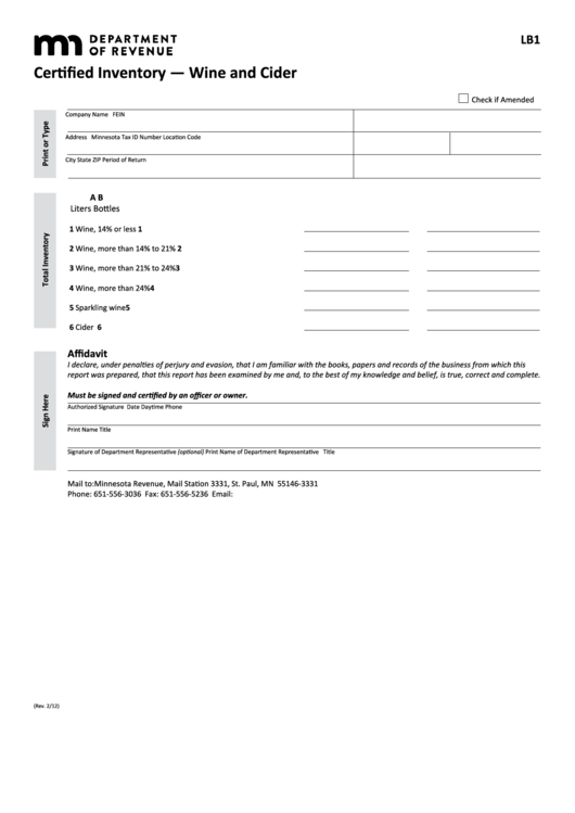 Fillable Form Lb1 - Certified Inventory - Wine And Cider Printable pdf