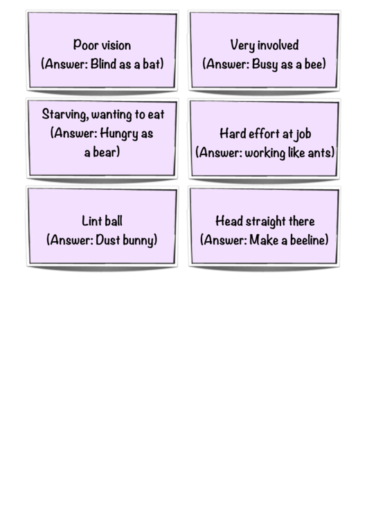Animal Idiom Bingo Card Template Set Printable pdf