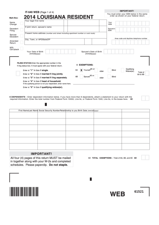 Fillable Form It-540 Web - Louisiana Resident - 2014 Printable pdf