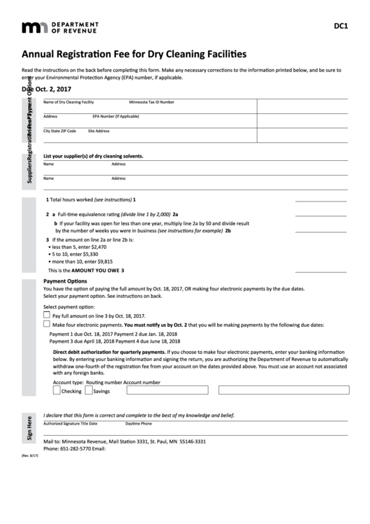 Fillable Form Dc1 - Annual Registration Fee For Dry Cleaning Facilities Printable pdf