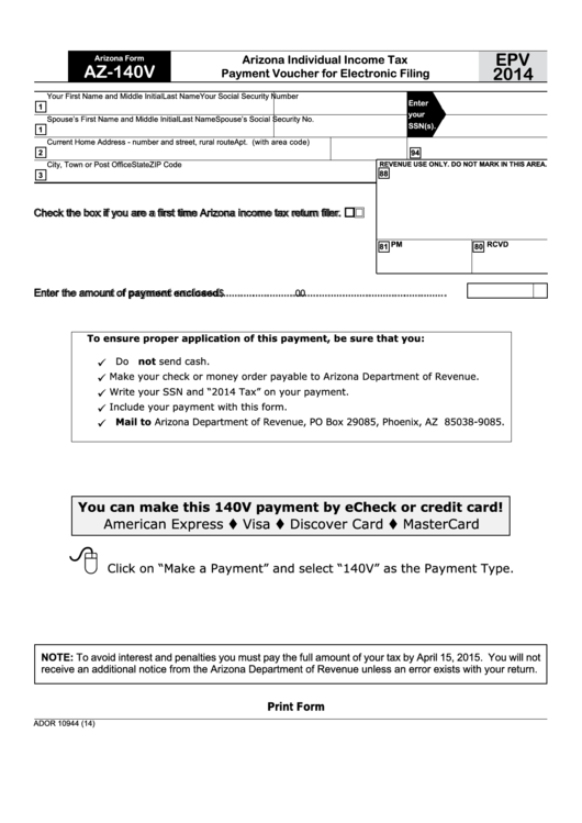 Fillable Arizona Form Az-140v - Arizona Individual Income Tax Payment Voucher For Electronic Filing - 2014 Printable pdf