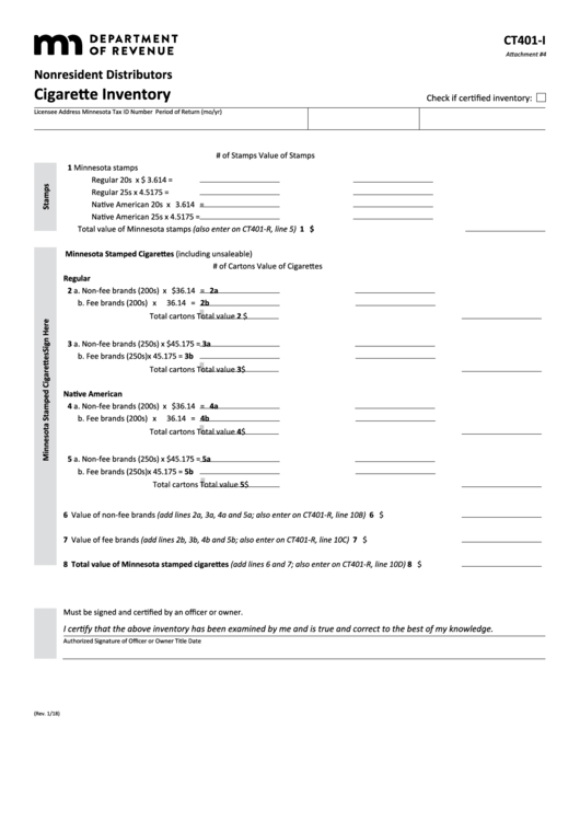 Fillable Form Ct401-I - Nonresident Distributors Cigarette Inventory Printable pdf