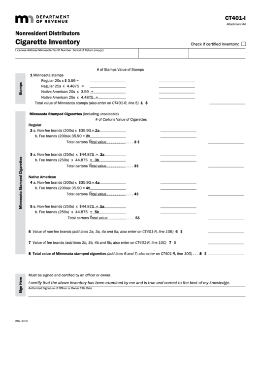 Fillable Form Ct401-I - Nonresident Distributors Cigarette Inventory Printable pdf