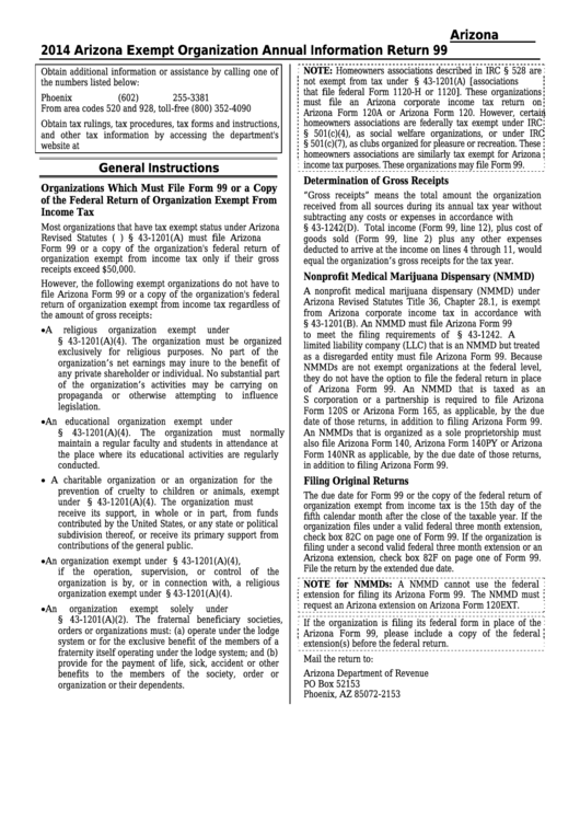 Instructions For Arizona Exempt Organization Annual Information Return (Arizona Form 99) - 2014 Printable pdf