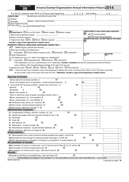 Fillable Arizona Form 99 - Arizona Exempt Organization Annual Information Return - 2014 Printable pdf