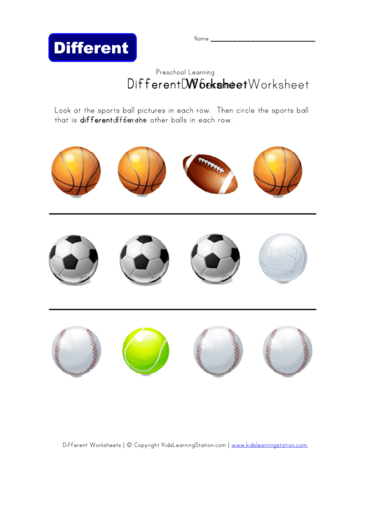 Different Balls Kids Learning Worksheet Template Printable pdf