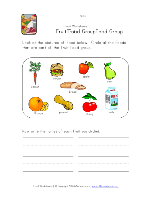 Fruit Food Group Worksheet Template Printable pdf