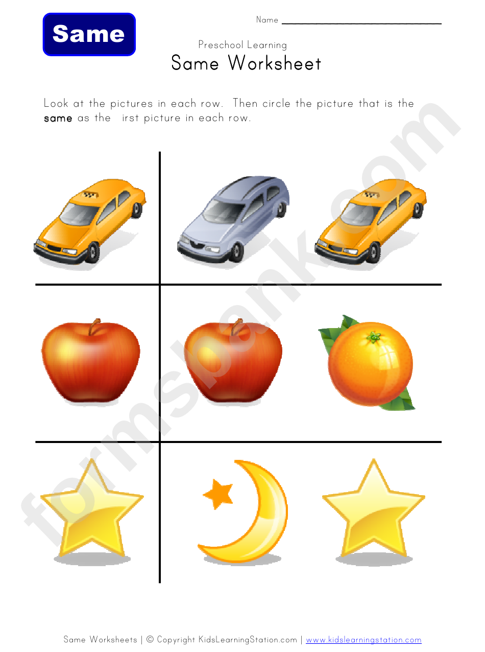 Same Pictures Kids Learning Worksheet Template