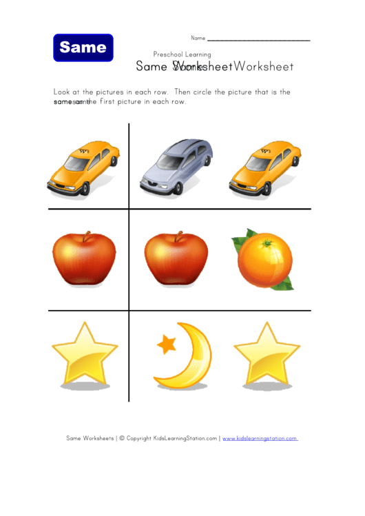 Same Pictures Kids Learning Worksheet Template Printable pdf