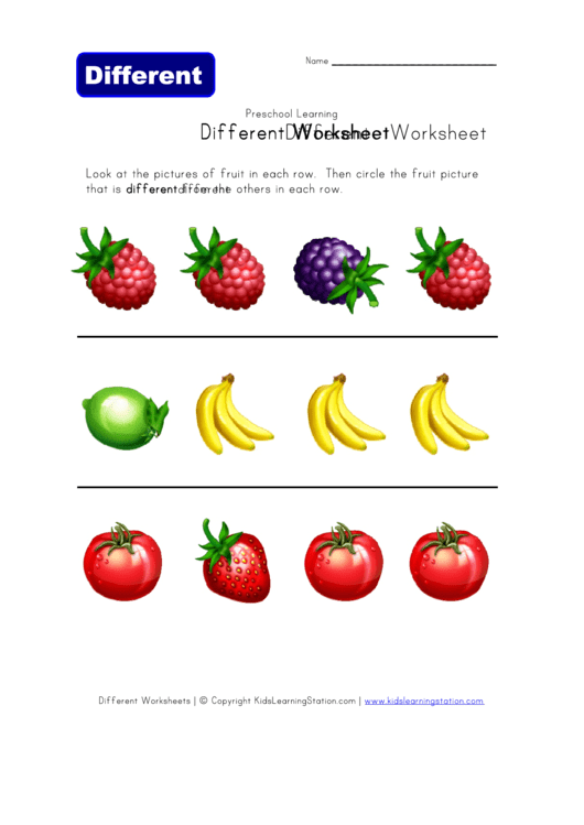 Different Fruit Kids Learning Worksheet Template Printable pdf