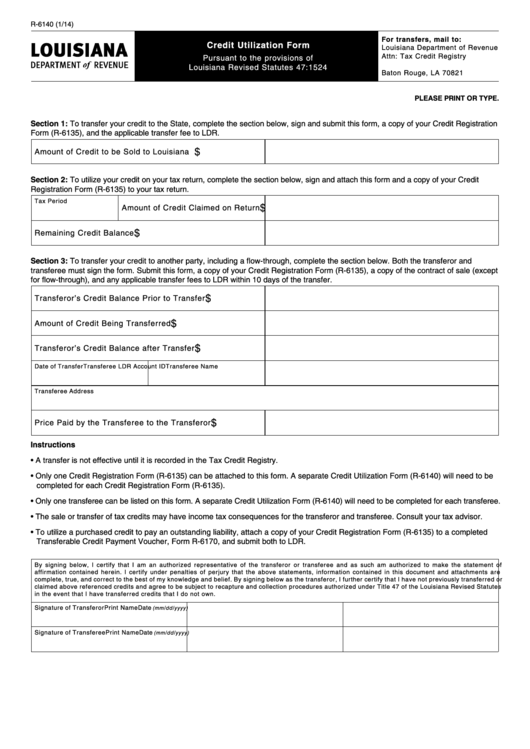 Fillable Form R-6140 - Credit Utilization Form Printable pdf