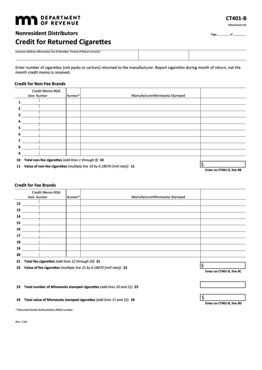 Fillable Form Ct401-B - Credit For Returned Cigarettes Printable pdf