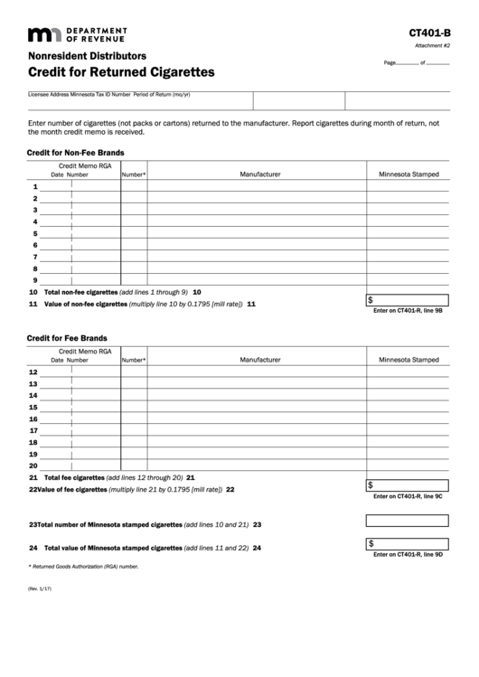 Fillable Form Ct401-B - Credit For Returned Cigarettes Printable pdf