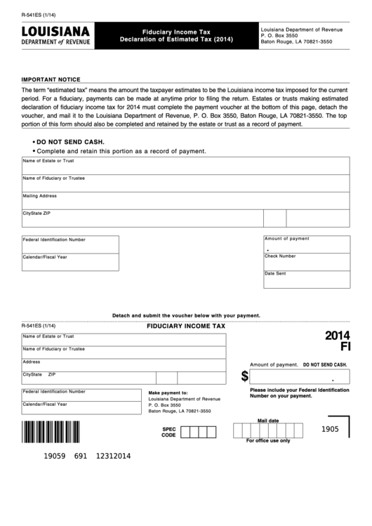 Fillable Form R-541es - Fiduciary Income Tax Declaration Of Estimated Tax - 2014 Printable pdf