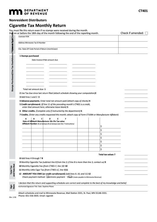 Fillable Form Ct401 - Nonresident Distributors Cigarette Tax Monthly Return Printable pdf