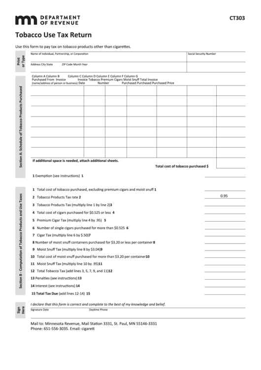 Fillable Form Ct303 - Tobacco Use Tax Return Printable pdf