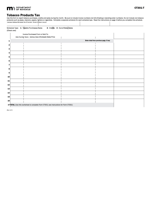 Fillable Schedule Ct301-T - Tobacco Products Tax Printable pdf