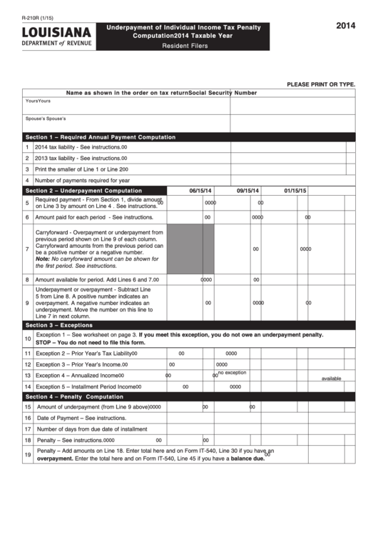 Fillable Form R-210r - Underpayment Of Individual Income Tax Penalty Computation 2014 Taxable Year Printable pdf