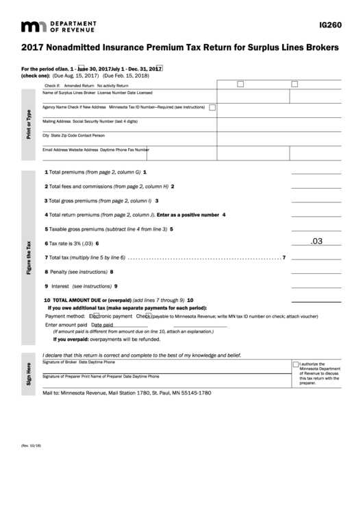 Fillable Form Ig260 - Nonadmitted Insurance Premium Tax Return For Surplus Lines Brokers - 2017 Printable pdf
