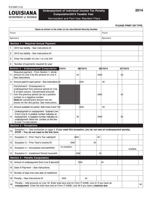 Fillable Form R-210nr - Underpayment Of Individual Income Tax Penalty Computation 2014 Taxable Year Printable pdf