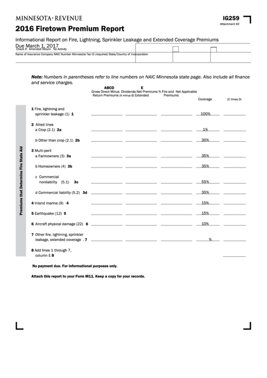 Fillable Form Ig259 - Firetown Premium Report - 2016 Printable pdf