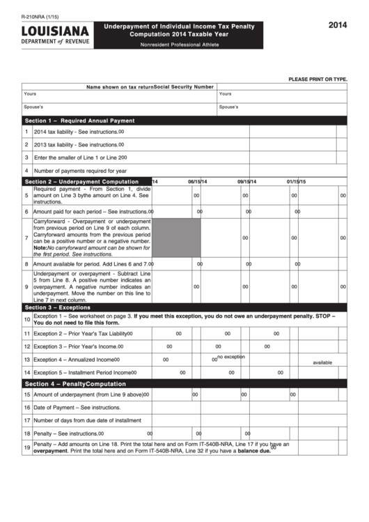 Fillable Form R-210nra - Underpayment Of Individual Income Tax Penalty Computation 2014 Taxable Year Printable pdf