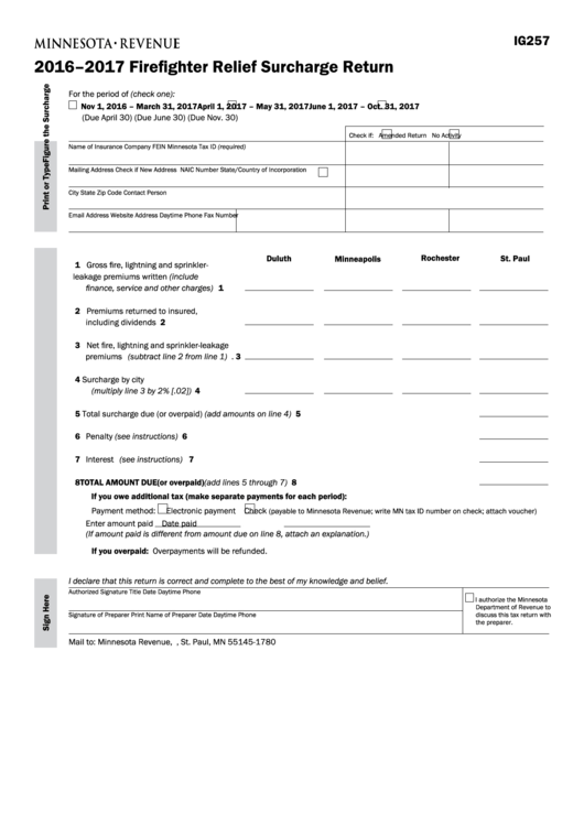 Fillable Form Ig257 - Firefighter Relief Surcharge Return - 2016-2017 Printable pdf