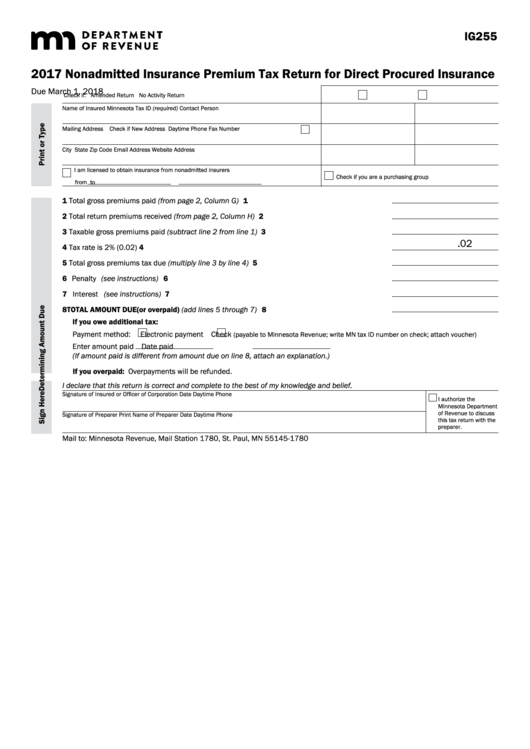 Fillable Form Ig255 - Nonadmitted Insurance Premium Tax Return For Direct Procured Insurance - 2017 Printable pdf