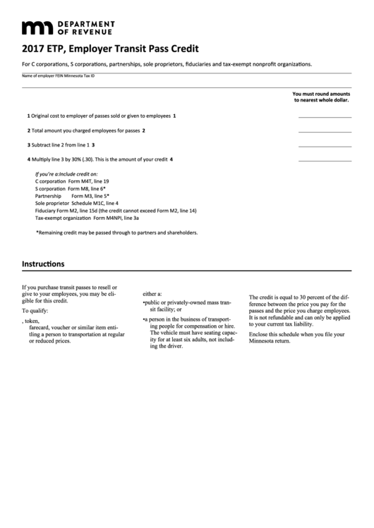 Fillable Form Etp - Employer Transit Pass Credit - 2017 Printable pdf