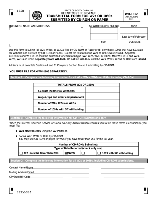 Form Wh-1612 - Transmittal Form For W2s Or 1099s Submitted By Cd-Rom Or Paper Printable pdf