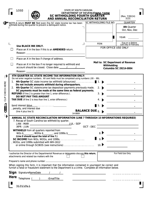 Form Wh-1606 - Sc Withholding Fourth Quarter And Annual Reconciliation Return Printable pdf
