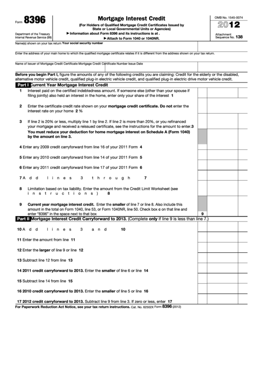 Fillable Form 8396 - Mortgage Interest Credit - 2012 Printable pdf