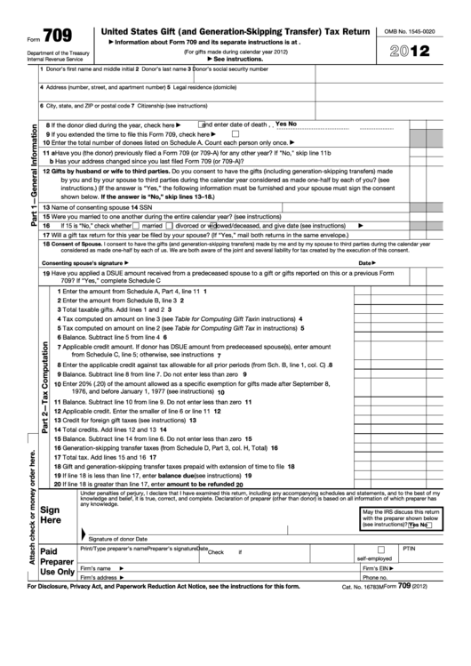 Fillable Form 709 - United States Gift (And Generation-Skipping Transfer) Tax Return - 2012 Printable pdf