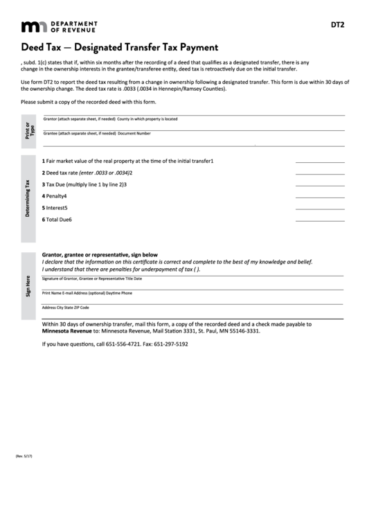 Fillable Form Dt2 - Deed Tax - Designated Transfer Tax Payment Printable pdf