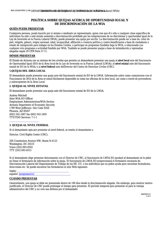 Instructions For Form Wia-1010afors - Politica Sobre Quejas Acerca De Oportunidad Igual Y De Discriminacion De La Wia Printable pdf