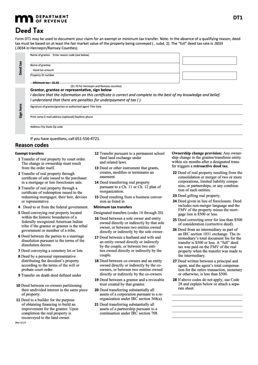 Fillable Form Dt1 - Deed Tax Printable pdf