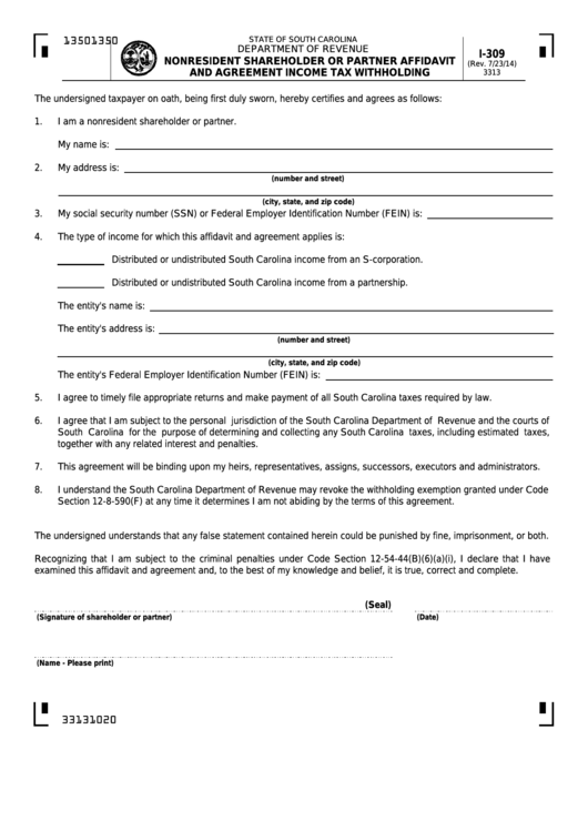 Form I-309 - Nonresident Shareholder Or Partner Affidavit And Agreement Income Tax Withholding Printable pdf