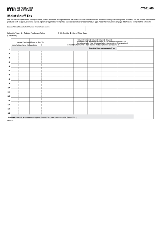 Fillable Schedule Ct301-Ms - Moist Snuff Tax Printable pdf