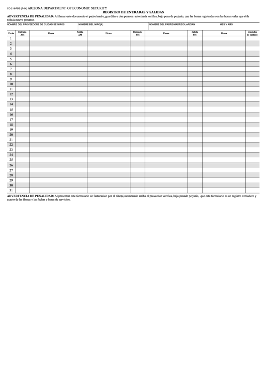 Form Cc-218-Pds - Registro De Entradas Y Salidas Printable pdf