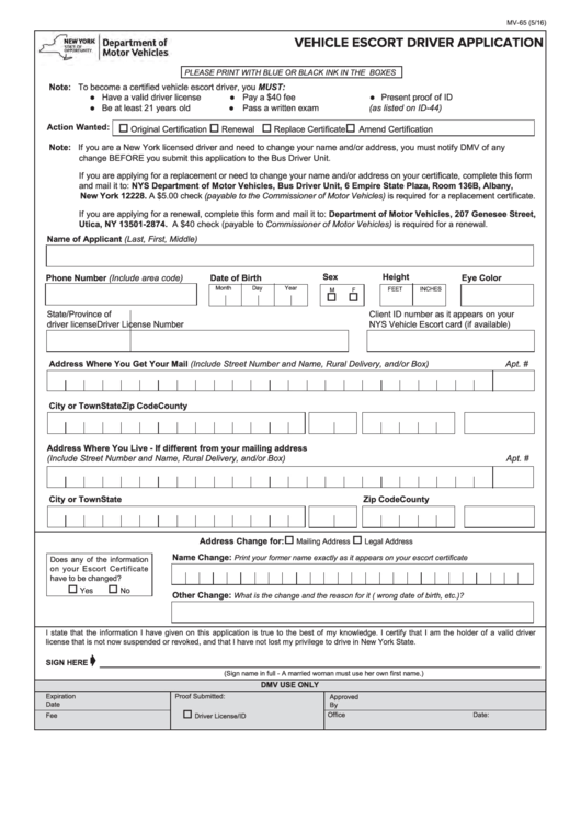 Form Mv-65 - Vehicle Escort Driver Application Printable pdf