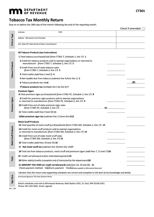 Form Ct301 - Tobacco Tax Monthly Return Printable pdf