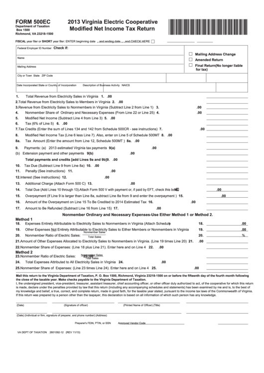 Fillable Form 500ec - Virginia Electric Cooperative Modified Net Income Tax Return - 2013 Printable pdf