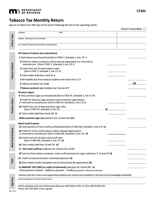 Fillable Form Ct301 - Tobacco Tax Monthly Return Printable pdf