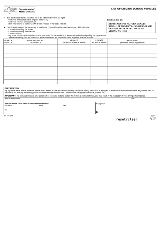 Fillable Form Mv-527 - List Of Driving School Vehicles Printable pdf
