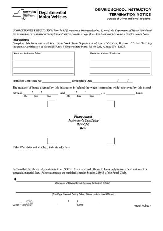 Form Mv-526 - Driving School Instructor Termination Notice Printable pdf
